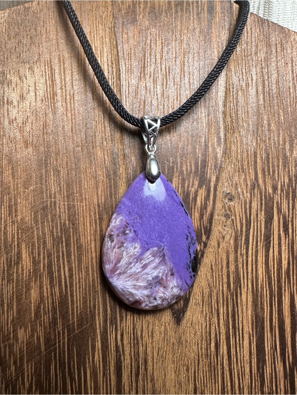 Charoite Teardrop Necklace on Sterling Silver Bail and Black Rope - Picture 2 of 14